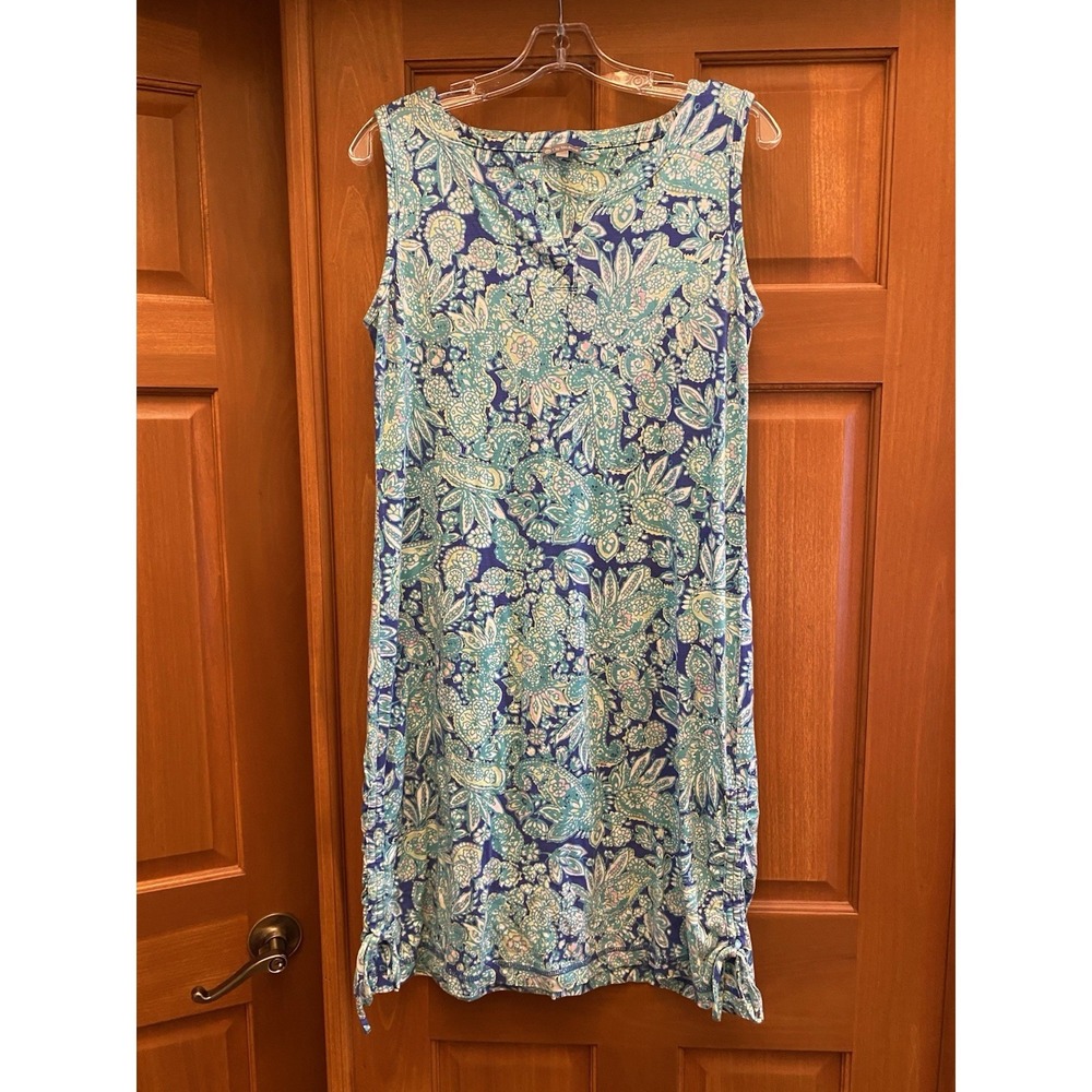 T By Talbots Dress Medium Blue Green Side Hem Cinch Tie Beach Travel Vacay